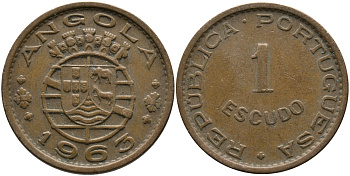 Португальская Ангола 1 эскудо 1963 KM 76 бронза 33-937