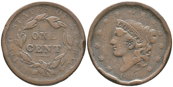 США 1 цент 183Х ROBERT SCOT, CORONET, LARGE CENTS, диаметр 28 мм. медь 272-1215