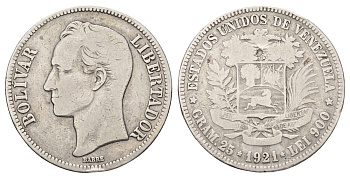 Венесуэла 5 боливаров 1921 Y 24.2 серебро 4044-1522