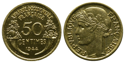 Французская Западная Африка 50 сантимов 1944 редкая KM 1, Lec 1 алюминиевая бронза aUNC 4381-936
