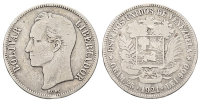 Венесуэла 5 боливаров 1921 Y 24.2 серебро 4044-1522