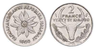 Мадагаскар 2 франка 1980 KM 9 нержавеющая сталь 4588-1026