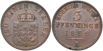 ПРУССИЯ 3 ПФЕННИГА 1866 А, ВИЛЬГЕЛЬМ I (1861-1888) KM 482 медь 117-1117