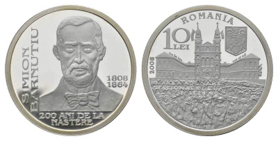 Румыния 10 леев 2008 200 лет со дня рождения Симеону Бэрнуциу, тираж 500 экземпляров KM 246 серебро PROOF 11-161-11