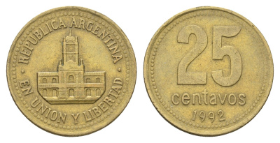 Аргентина 25 сентаво 1992 ратуша Буэнос-Айреса KM 110.1 алюминиевая бронза 4663-556
