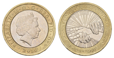 Великобритания 2 фунта 2010 Елизавета II (1952-2022), 100 лет со дня смерти Флоренс Найтингейл KM 1160, Spink K26 биметалл aUNC 76-612