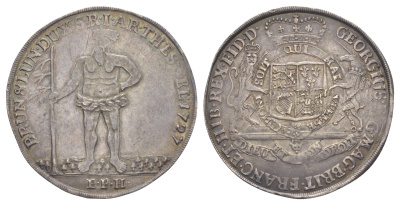 Брауншвейг-Каленберг-Ганновер 1 талер 1727 EPH, дикарь, Георг I (1698-1727), из коллекции Ричарда Б. Смита Davenport 2076, KM 114, Smith 32, Welter 2236 серебро 00-901-21