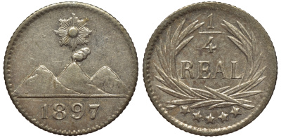Гватемала 1/4 реала 1897 5 звезд, Испанское правление KM 162 серебро 112-633