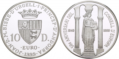 Андорра 10 динеров 1999 50 лет совету Европы, статуя демократии KM 153 серебро PROOF 1068-5-34