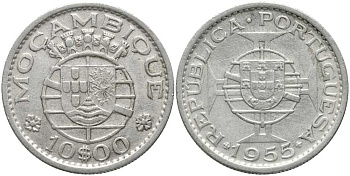 Португальский Мозамбик 10 эскудо 1955 КМ 84 серебро 202-455