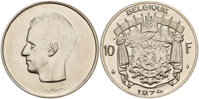 Бельгия 10 франков 1974 Belgique, Бодуэн I (1951-1993) KM 155.1 никель  4187-453