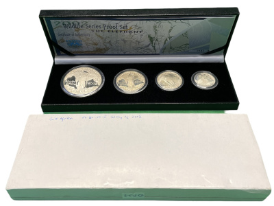 ЮАР набор из 4 монет 2002 Дикая природа 2002, слоны, 5, 10, 20, 50 центов (1/4 oz, 1/2 oz, 1 oz, 2 oz), в оригинальной коробке с сертификатом №0182, тираж 1000 экз, KM 351, 352, 353, 354 серебро PROOF 3-5-2-50