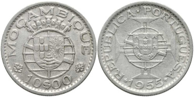 Португальский Мозамбик 10 эскудо 1955 КМ 84 серебро 202-455