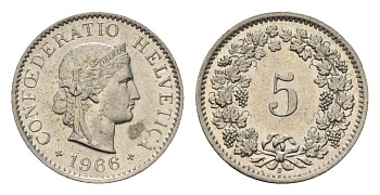Швейцария 5 раппенов 1966 KM 26 медно-никель 4685-227