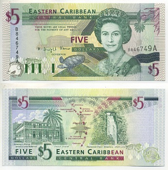 Восточно-Карибские штаты 5 долларов 1994 буква А, Антигуа Pick 31a бумага UNC (пресс) 451-423-3