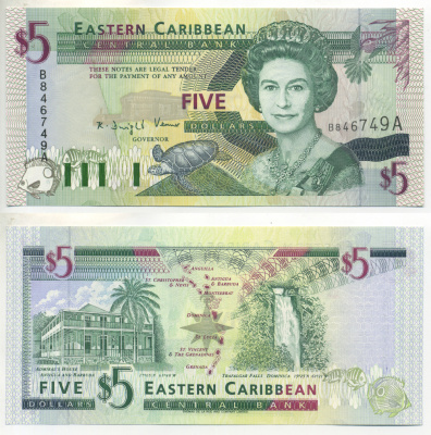 Восточно-Карибские штаты 5 долларов 1994 буква А, Антигуа Pick 31a бумага UNC (пресс) 451-423-3