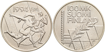Финляндия 100 марок 1994 стадион дружбы, бег KM 78 серебро UNC 1066-4-65