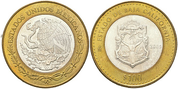 Мексика 100 песо 2005 180 лет Федерации - Нижняя Калифорния KM 723 биметалл, серебро BU 00-1067-7-13