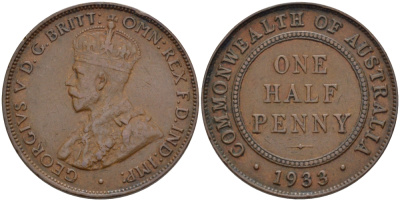 АВСТРАЛИЯ 1/2 ПЕННИ 1933 m, ГЕОРГ V (1910-1936) KM 22 бронза 67-1223