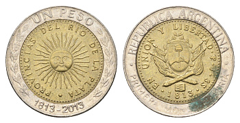 Аргентина 1 песо 2013 200 лет первой национальной монете KM 112.4 биметалл 4663-646