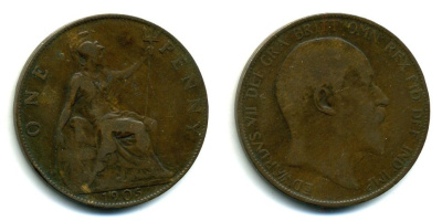 Великобритания 1 пенни 1905 Эдуард VII (1901-1910) KM 794.2, Spink 3990 бронза 36-222