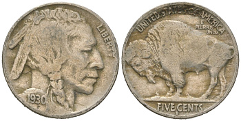 США 5 центов 1930 S, индеец, бизон KM 134 медно-никель 4614-1144