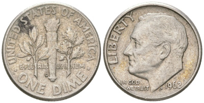 США 10 центов (дайм) 1962 D, президент Рузвельт KM 195 серебро 4564-534