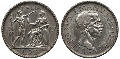 Италия 20 лир 1927 R, год VI, Виктор Эммануил III (1900-1948), проба 800 KM 69 серебро 00-821-27