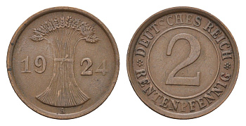 Германия 2 рентенпфеннига 1924 A KM 31, J. 307 бронза 4685-417