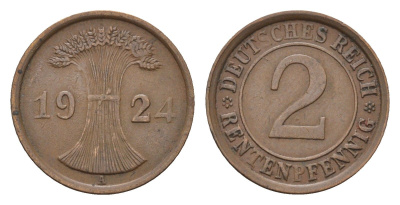Германия 2 рентенпфеннига 1924 A KM 31, J. 307 бронза 4685-417