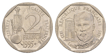 Франция 2 франка 1995 100 лет со дня смерти Луи Пастера KM 1119 никель  UNC  4660-237