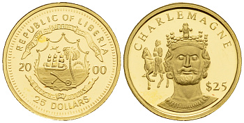 Либерия 25 долларов 2000 Карл Великий  золото  PROOF  00-812-65