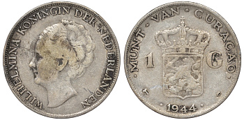 Нидерландское Кюрасао 1 гульден 1944 D, Вильгельмина (1890-1948) KM 45 серебро 36-122