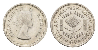 ЮАР 6 пенсов 1956 Елизавета II (1952-2022) KM 48 серебро 220-1154