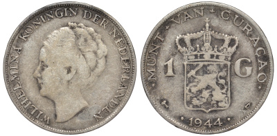 Нидерландское Кюрасао 1 гульден 1944 D, Вильгельмина (1890-1948) KM 45 серебро 36-314