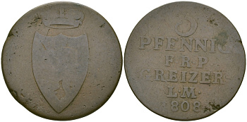 РЕЙС-ОБЕРГРАЙЦ 3 ПФЕННИГА 1808 KM 90 медь 65-741