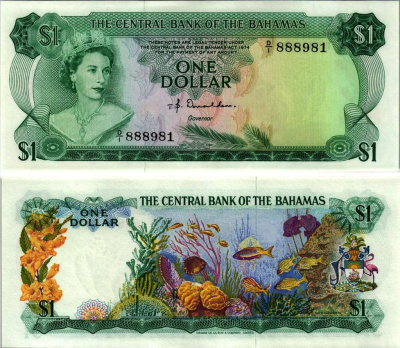 Багамские острова 1 доллар 1974 Елизавета II (1953- ), морской сад, подпись T.B. Donaldson Pick 35 a бумага UNC (пресс) 6299-12-2-1