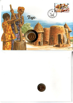 Западная Африка (ВСЕАО) 5 франков 1987 Того, в конверте с маркой (КПД - Конверт первого дня Гашения) KM 2a медь алюминий никель UNC 9003-98