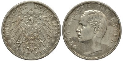 Бавария 5 марок 1898 D, Отто (1886-1913) Weege 47, J. 46, KM 512.1 серебро 413-4924