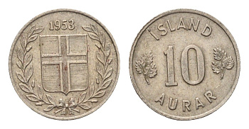 Исландия 10 эйре 1953 KM 10 медно-никель aUNC 4690-656