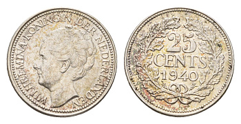 Нидерланды 25 центов 1940 Вильгельмина (1890-1948) KM 164 серебро aUNC 44-1155