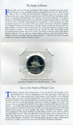 Маршалловы острова 5 долларов 1990 50 лет Битвы за Британию (1940-1990), авиация, в картонном буклете медно-никель UNC 5-4-3-64