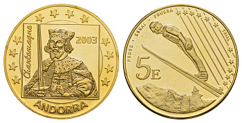 Андорра 5 евро 2003 ESSAI, Карл Великий, Лыжник спускается с горным хребтом Пиренеев X Pn9 латунь плакированная золотом PROOF 3896-643