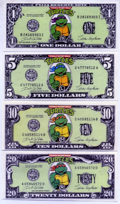 АМЕРИКА НАБОР ИЗ 4 БАНКНОТ ND (1, 5, 10, 20 ДОЛЛАРОВ) ЧЕРЕПАШКИ НИНЗЯ ОДНОСТОРОННИЙ ЦВЕТНОЙ ПРИНТ 113Х49 бумага UNC (ПРЕСС) 7146-60-2-1