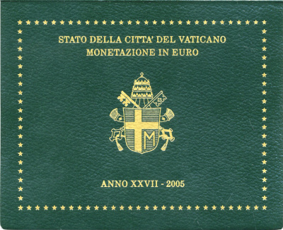 Ватикан евронабор из 8 монет 2005 Папа Иоанн Павел II, в оригинальном буклете KM MS 111 биметалл UNC 5-6-2-68