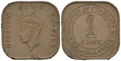 Британская Малайя 1 цент 1945 Георг VI (1936-1952) KM 6 бронза 100-757