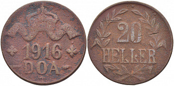Немецкая Восточная Африка (Танзания) 20 геллеров 1916 T, Ost-Africa, большая корона, первая буква L не полная Jaeger 724 a, KM 15, WK 24 b медь 5010-612