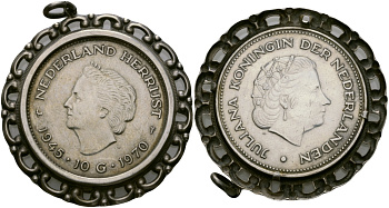 Нидерланды 10 гульденов 1970 25 лет освобождения от фашизма (1945-1970), Юлиана, кулон в оправе KM 195 серебро 00-00