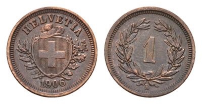 Швейцария 1 раппен 1906 B KM 3.2 бронза 1529-811