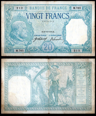 Франция 20 франков 1916 Pick 74 бумага 451-1140-2